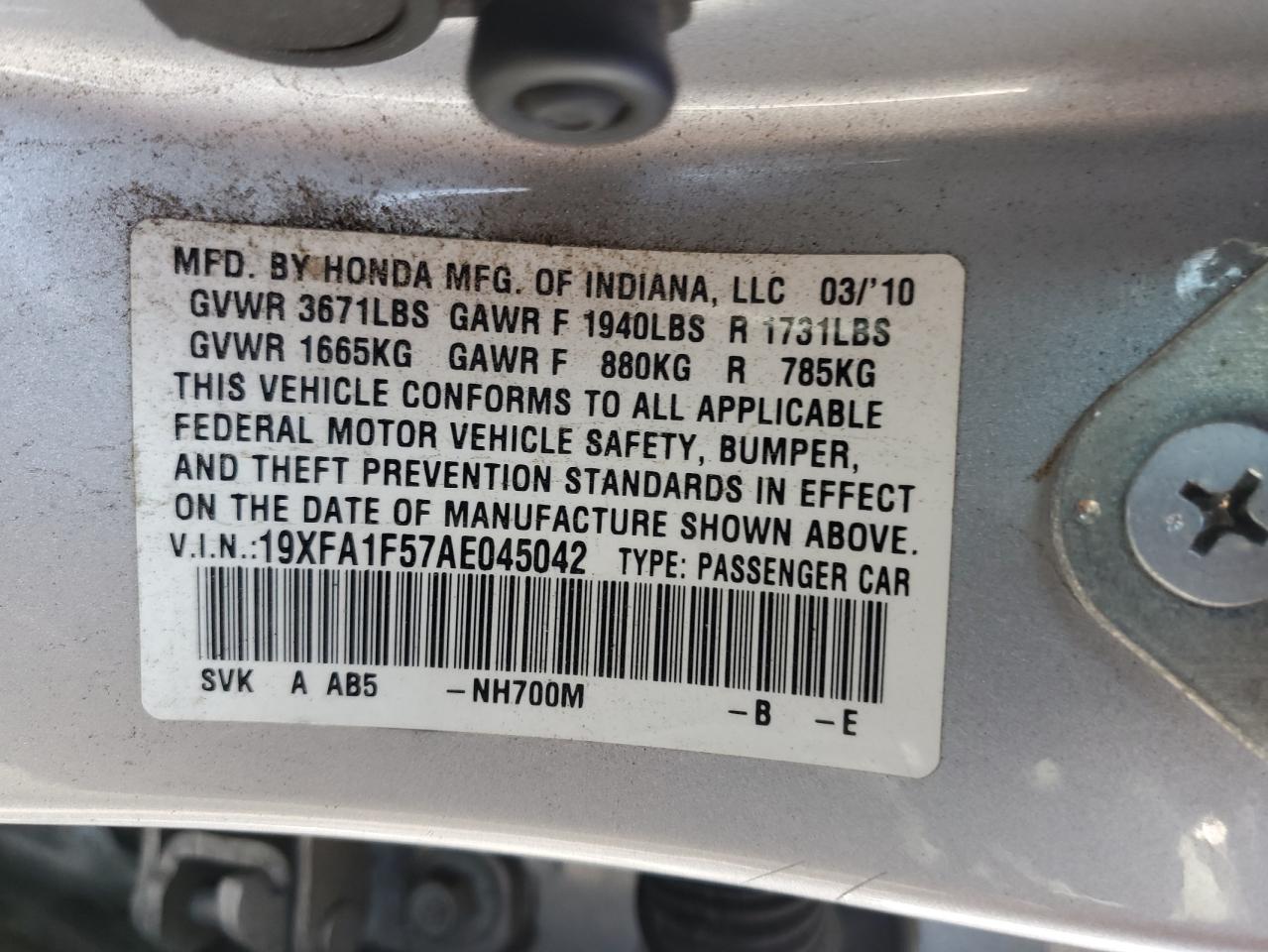 2010 Honda Civic Lx VIN: 19XFA1F57AE045042 Lot: 82096815