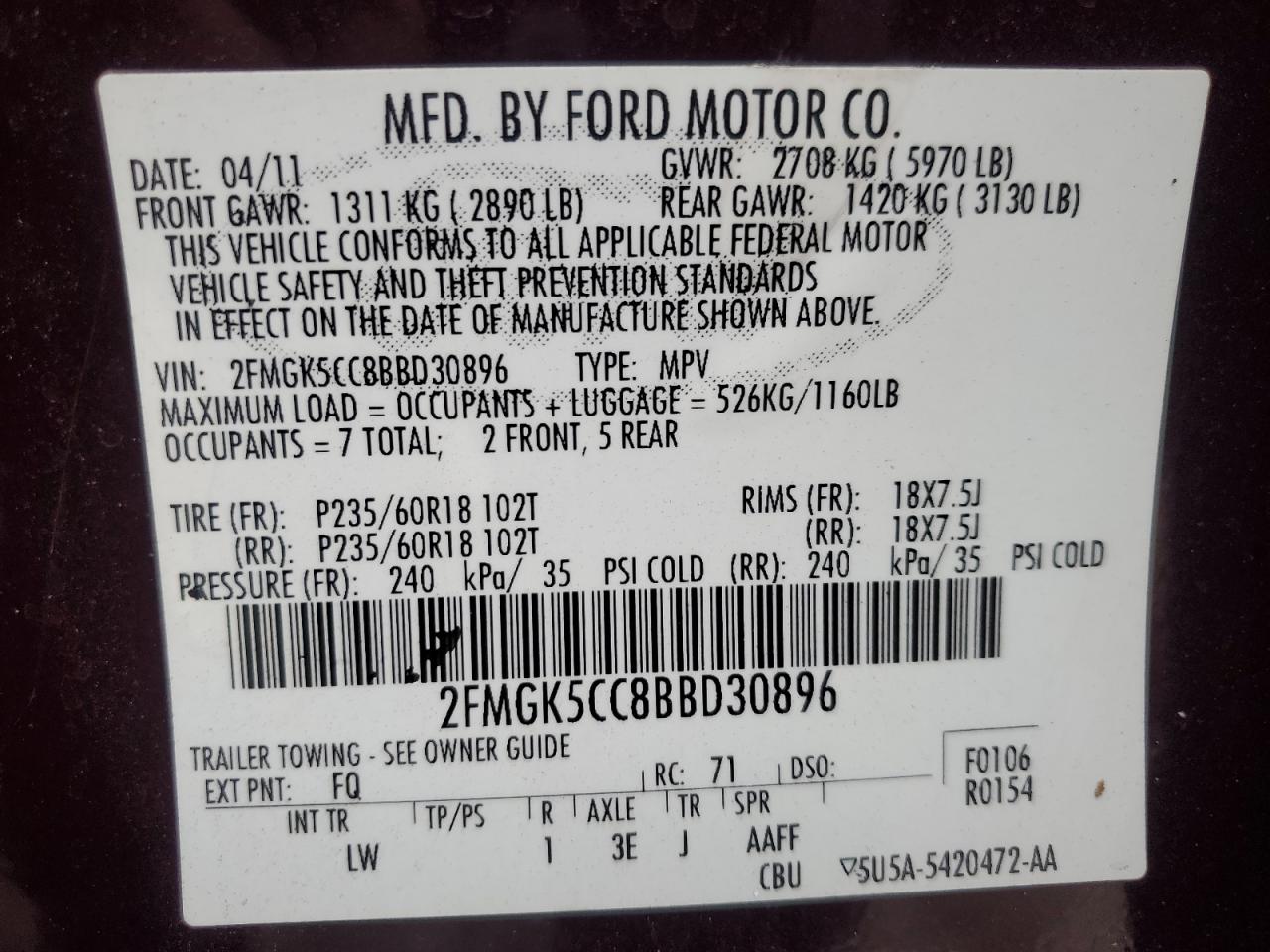 2011 Ford Flex Sel VIN: 2FMGK5CC8BBD30896 Lot: 71674825