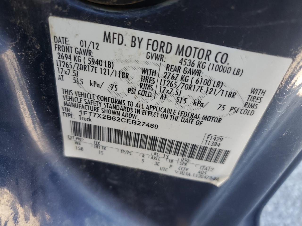 2012 Ford F250 Super Duty VIN: 1FT7X2B62CEB27489 Lot: 81681575