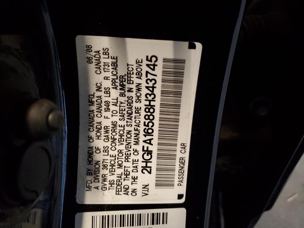 2008 Honda Civic Lx VIN: 2HGFA16588H343745 Lot: 80570985