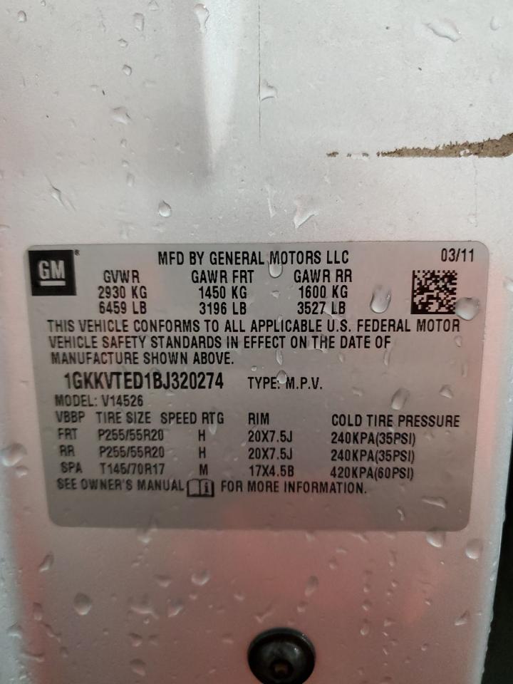 2011 GMC Acadia Denali VIN: 1GKKVTED1BJ320274 Lot: 84020225