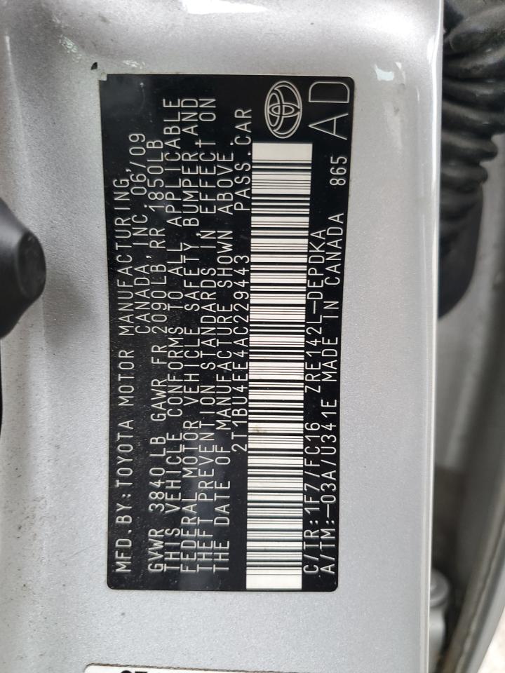 2010 Toyota Corolla Base VIN: 2T1BU4EE4AC229443 Lot: 83833665