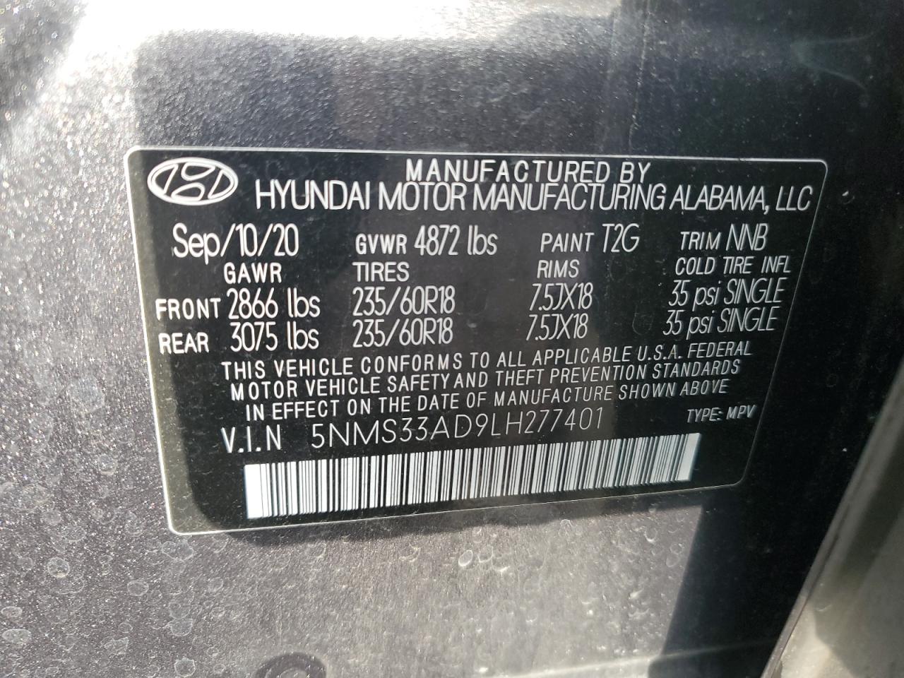 2020 Hyundai Santa Fe Sel VIN: 5NMS33AD9LH277401 Lot: 83874675