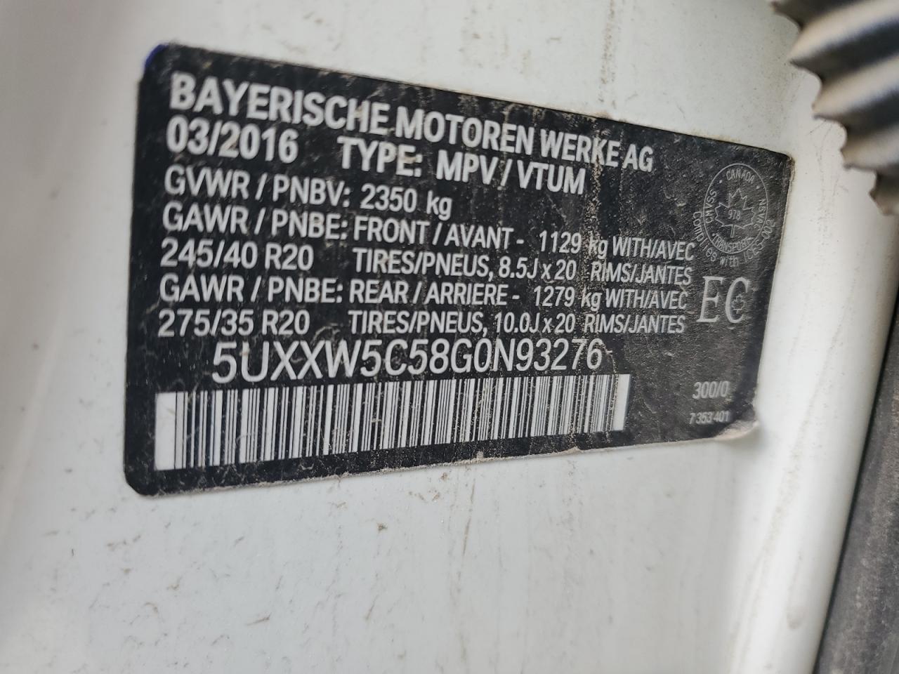 2016 BMW X4 xDrive35I VIN: 5UXXW5C58G0N93276 Lot: 80305905