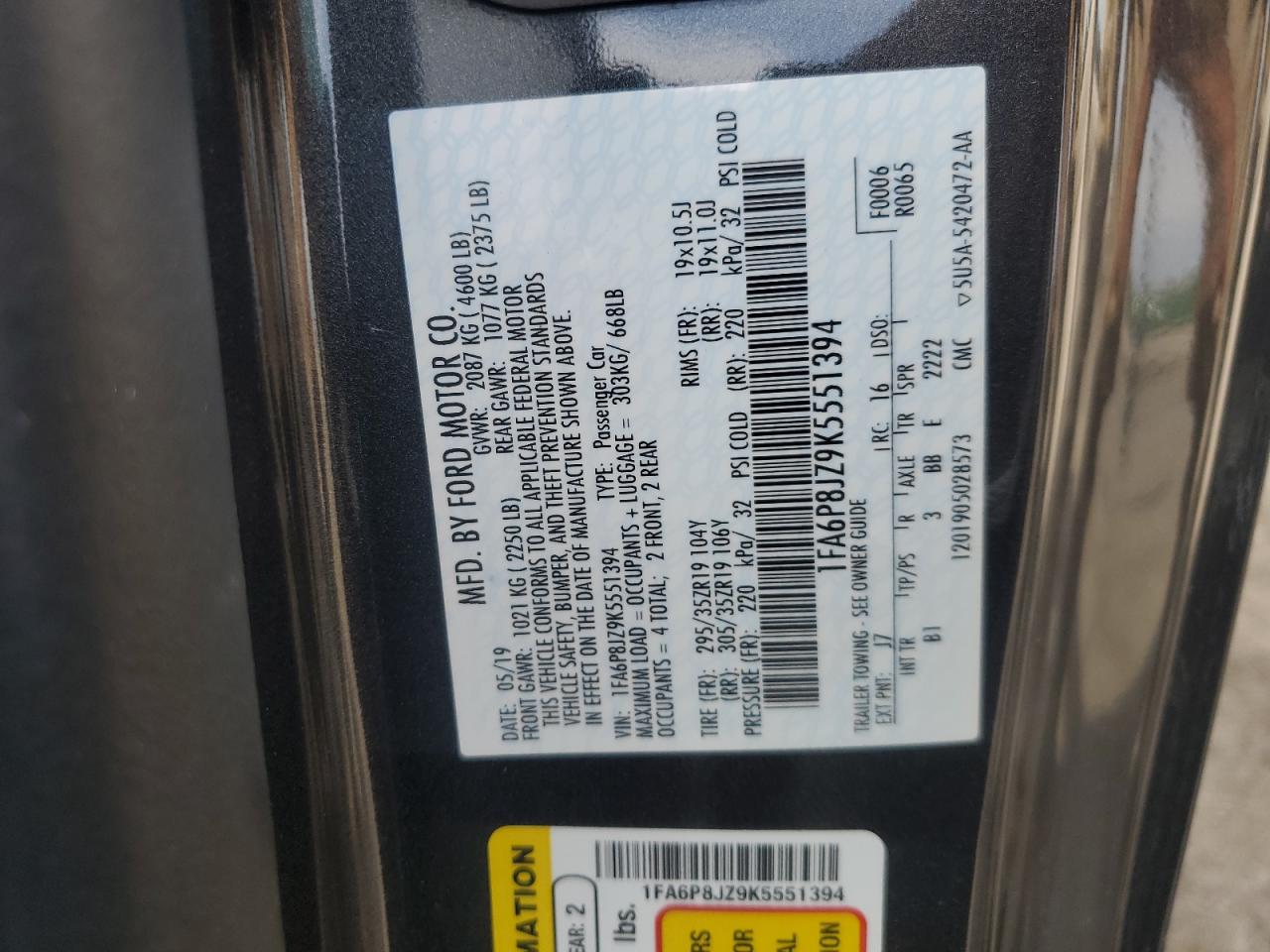 2019 Ford Mustang Shelby Gt350 VIN: 1FA6P8JZ9K5551394 Lot: 83859315