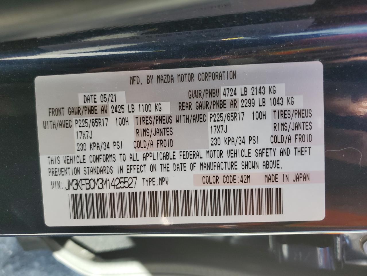 2021 Mazda Cx-5 Touring VIN: JM3KFBCM3M1425527 Lot: 80964035