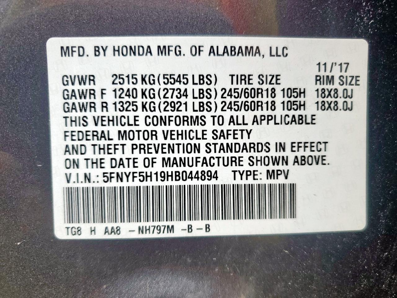 2017 Honda Pilot Lx VIN: 5FNYF5H19HB044894 Lot: 71323745