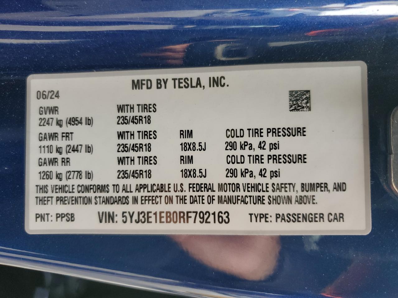 2024 Tesla Model 3 VIN: 5YJ3E1EB0RF792163 Lot: 83750345