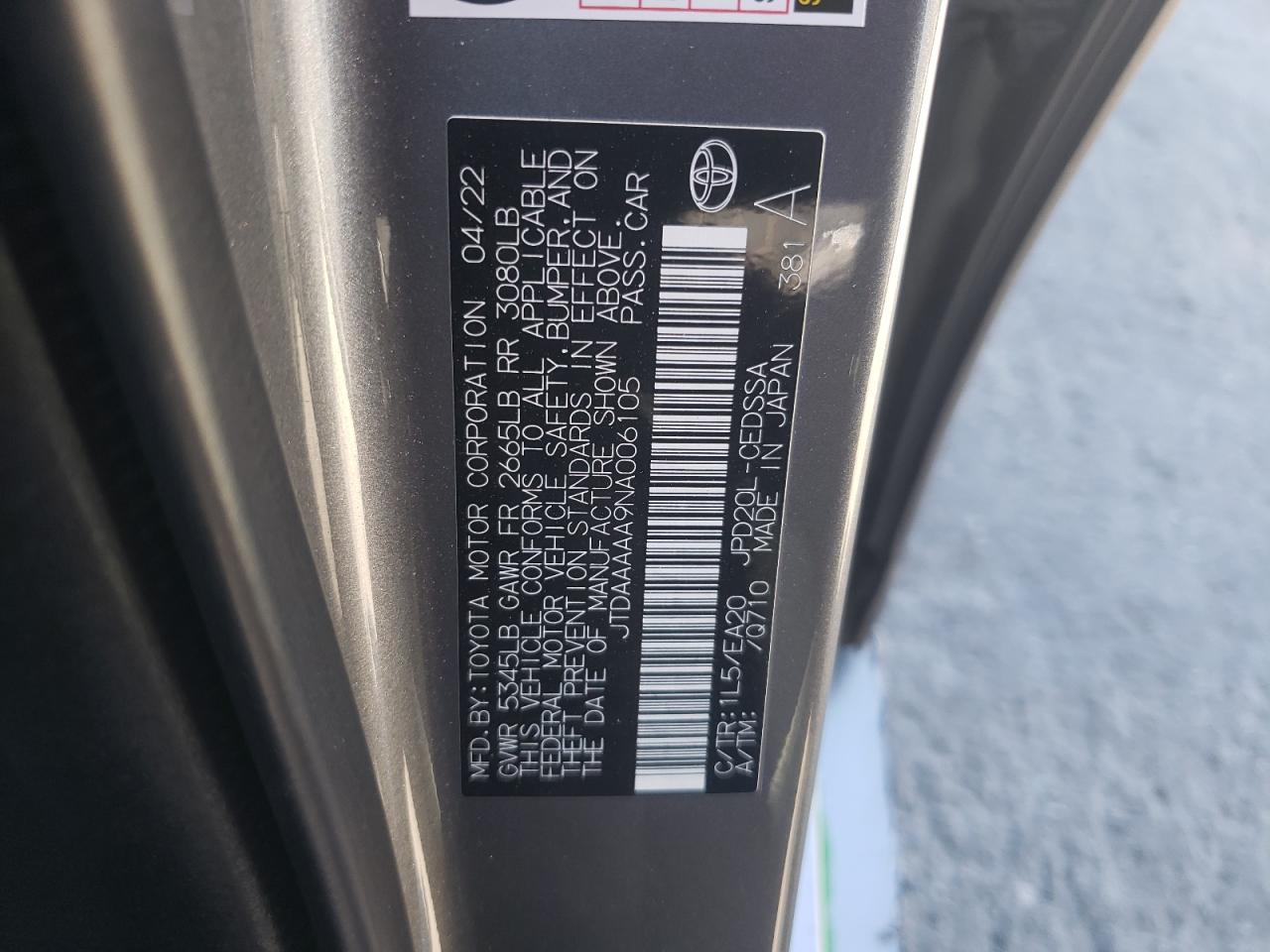 2022 Toyota Mirai Le VIN: JTDAAAAA9NA006105 Lot: 71885315