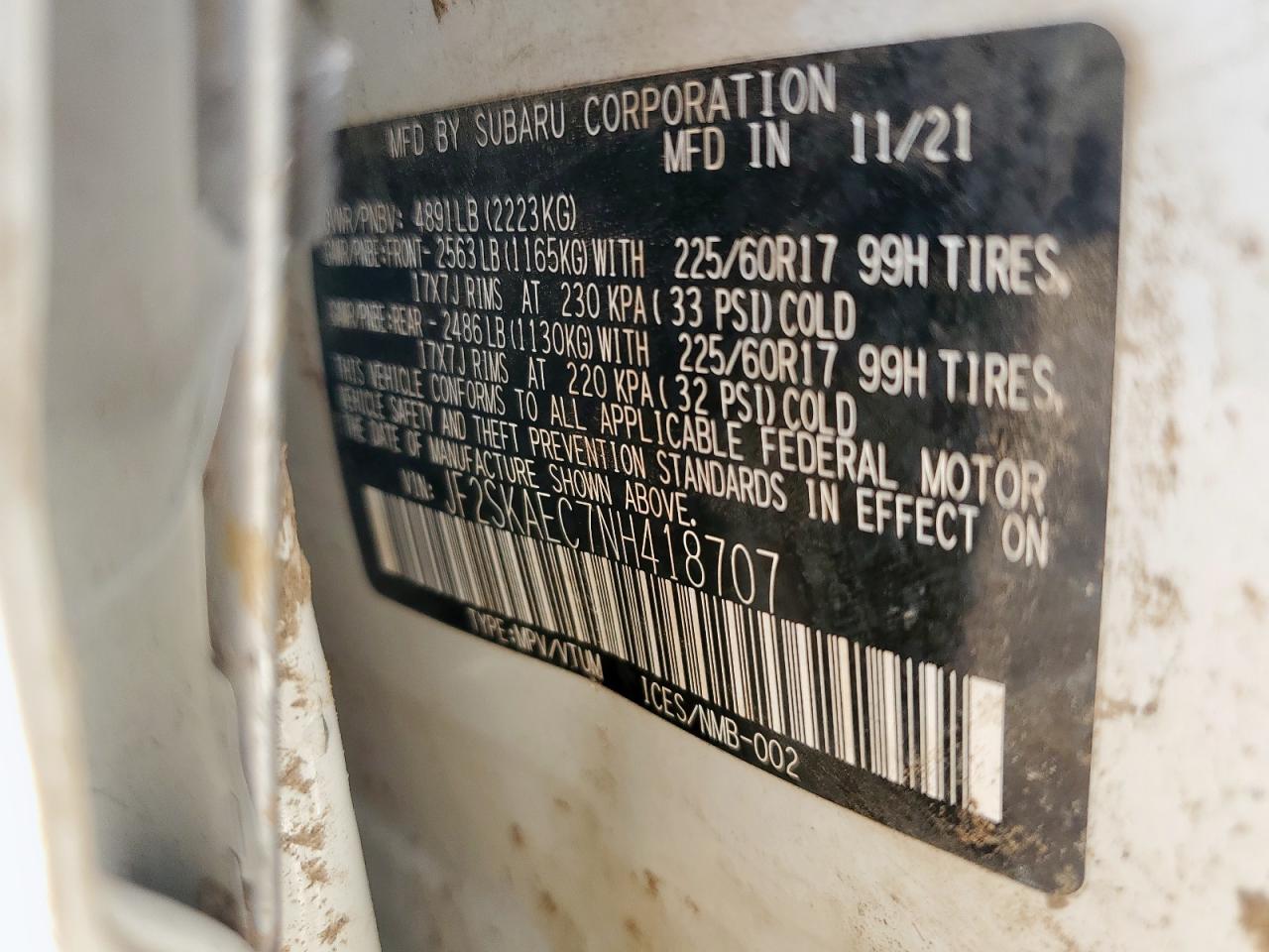 2022 Subaru Forester Premium VIN: JF2SKAEC7NH418707 Lot: 84279945