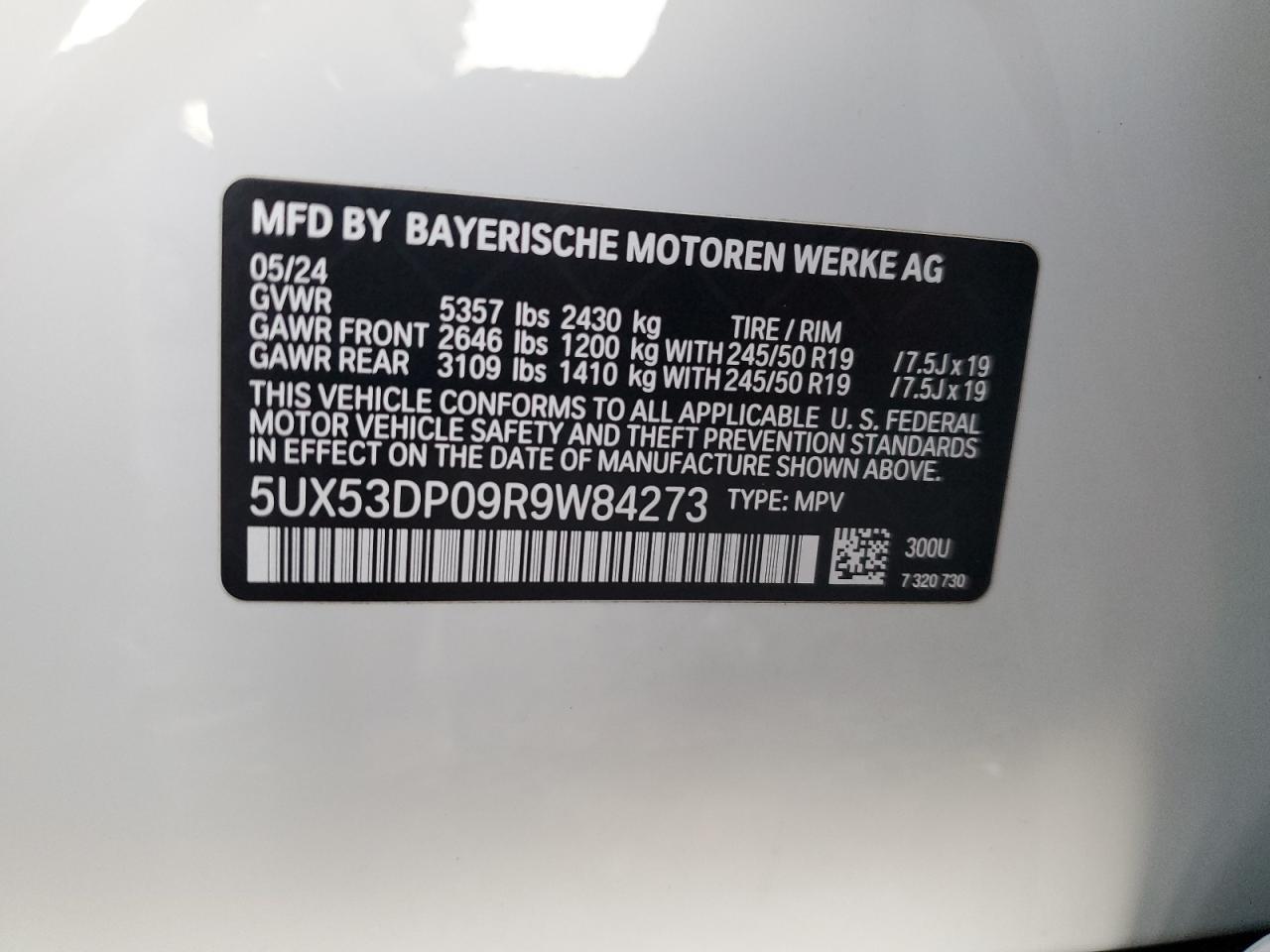 2024 BMW X3 xDrive30I VIN: 5UX53DP09R9W84273 Lot: 81585435
