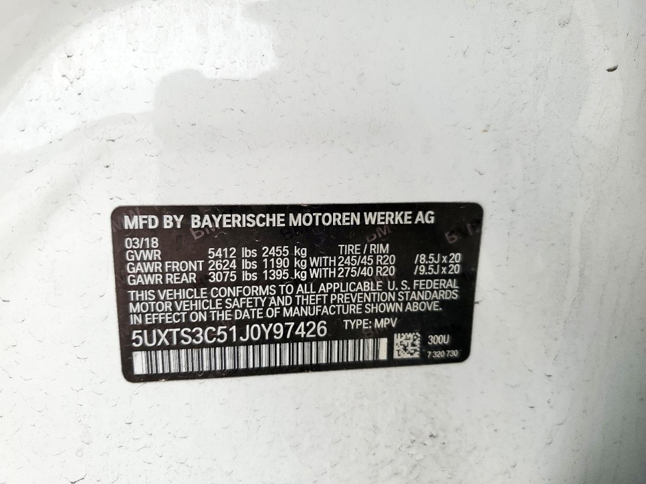 2018 BMW X3 xDrivem40I VIN: 5UXTS3C51J0Y97426 Lot: 84173505