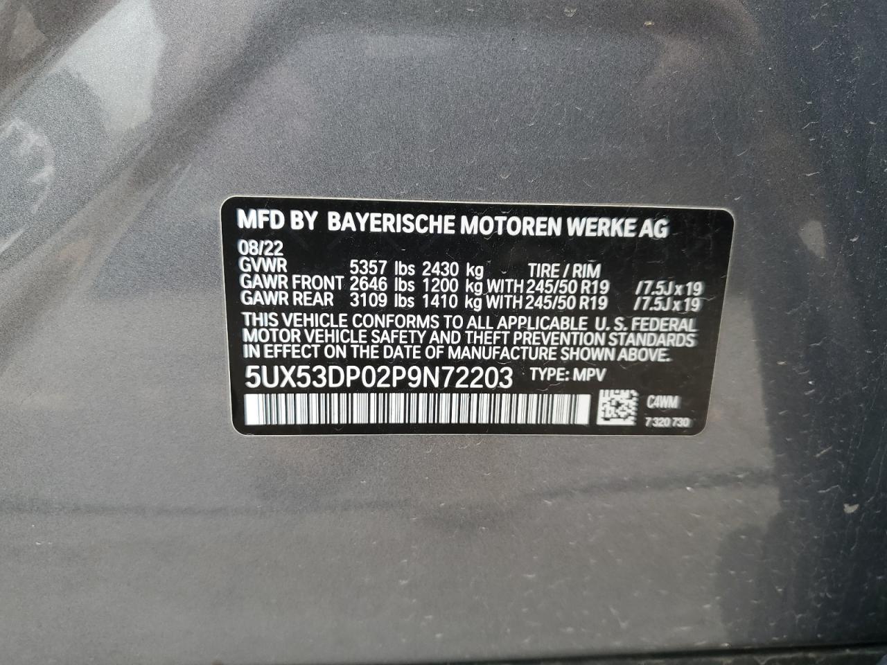 2023 BMW X3 xDrive30I VIN: 5UX53DP02P9N72203 Lot: 71806675