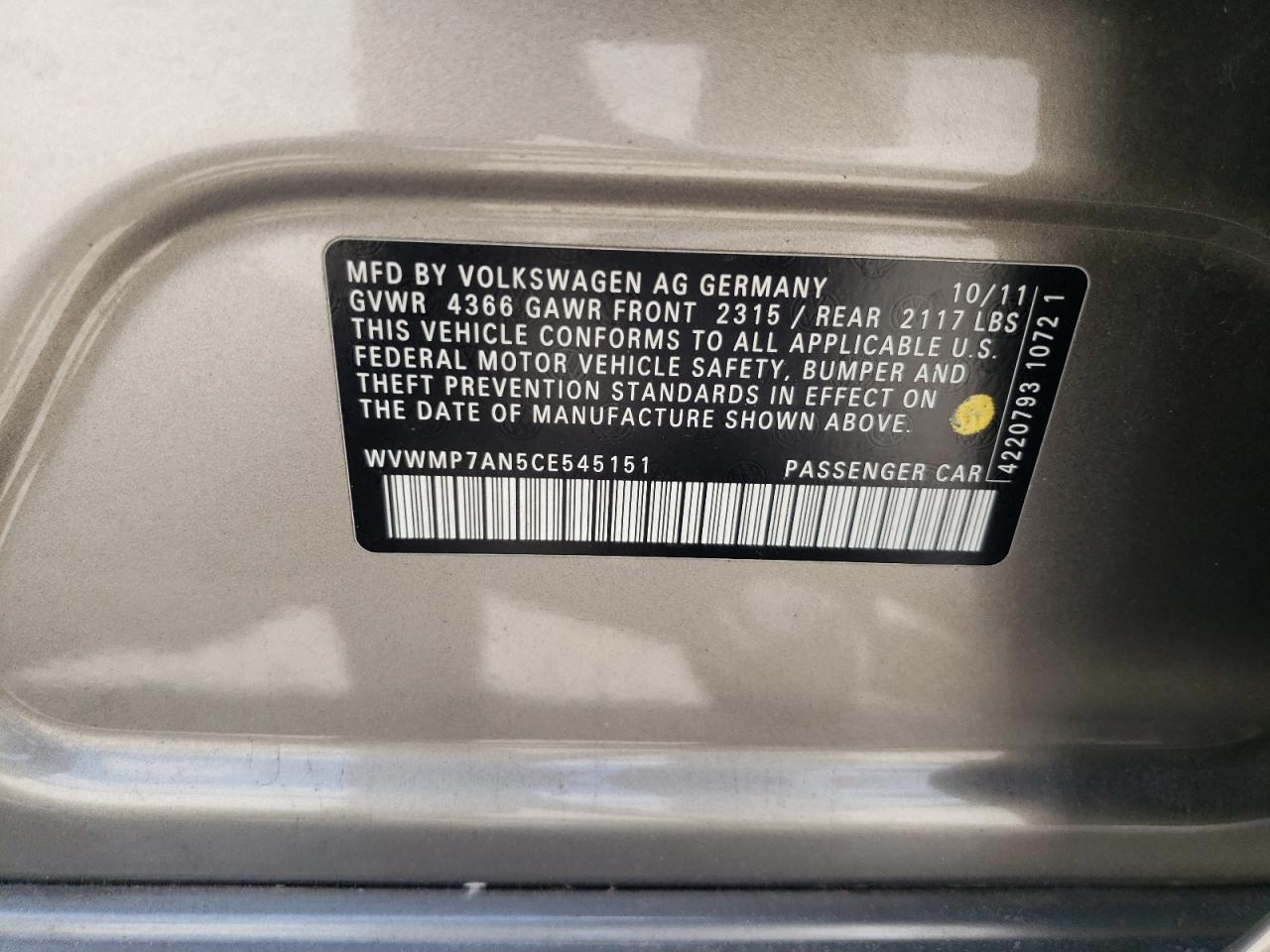 2012 Volkswagen Cc Sport VIN: WVWMP7AN5CE545151 Lot: 80276065