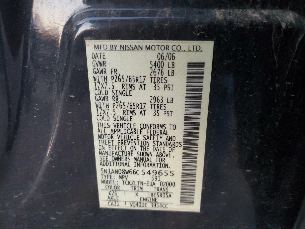 2006 Nissan Xterra Off Road VIN: 5N1AN08W66C549655 Lot: 80310755