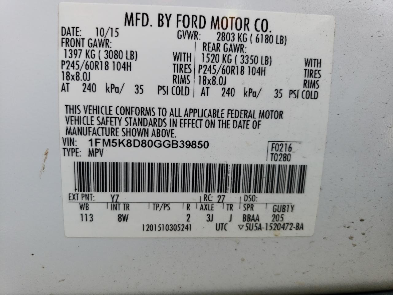 2016 Ford Explorer Xlt VIN: 1FM5K8D80GGB39850 Lot: 71662475