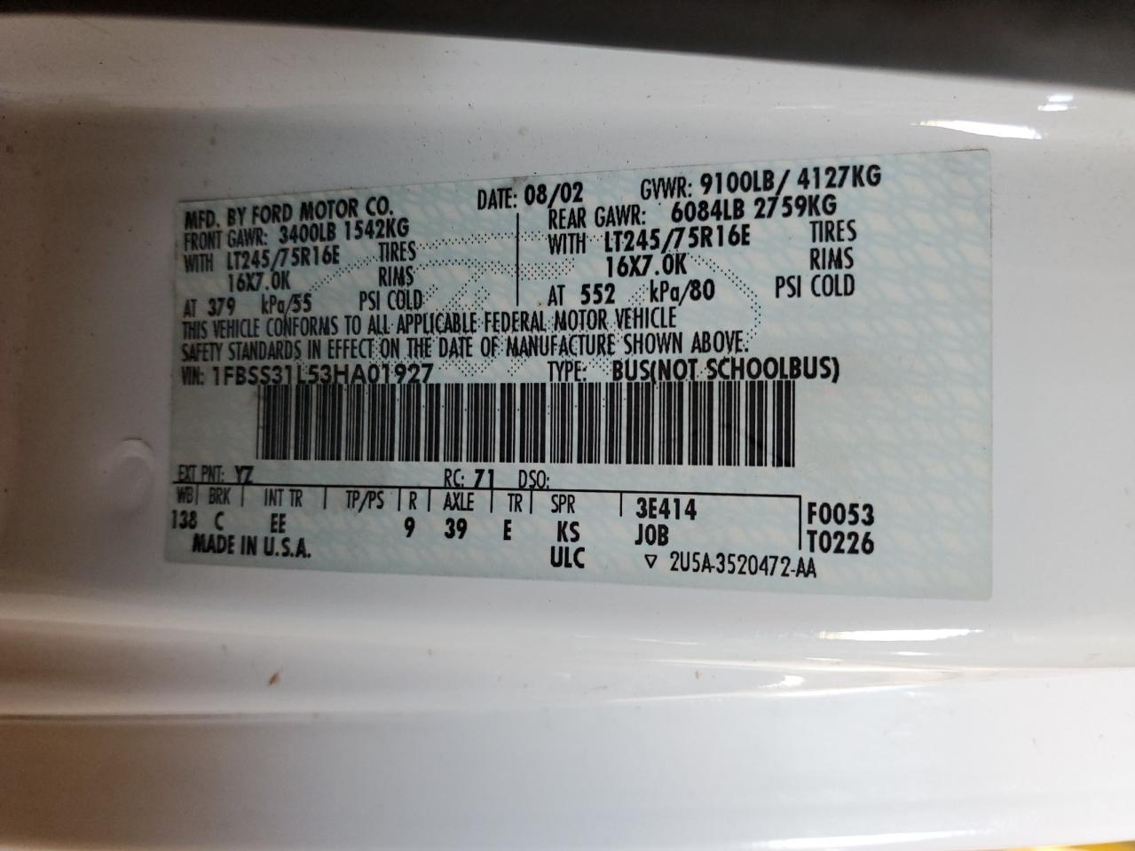 2003 Ford Econoline E350 Super Duty Wagon VIN: 1FBSS31L53HA01927 Lot: 70741195