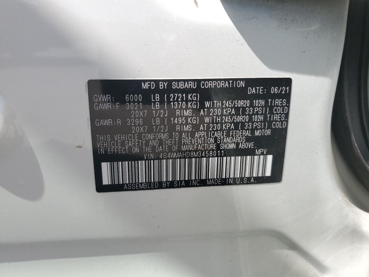 2021 Subaru Ascent Premium VIN: 4S4WMAHD8M3458011 Lot: 71874945