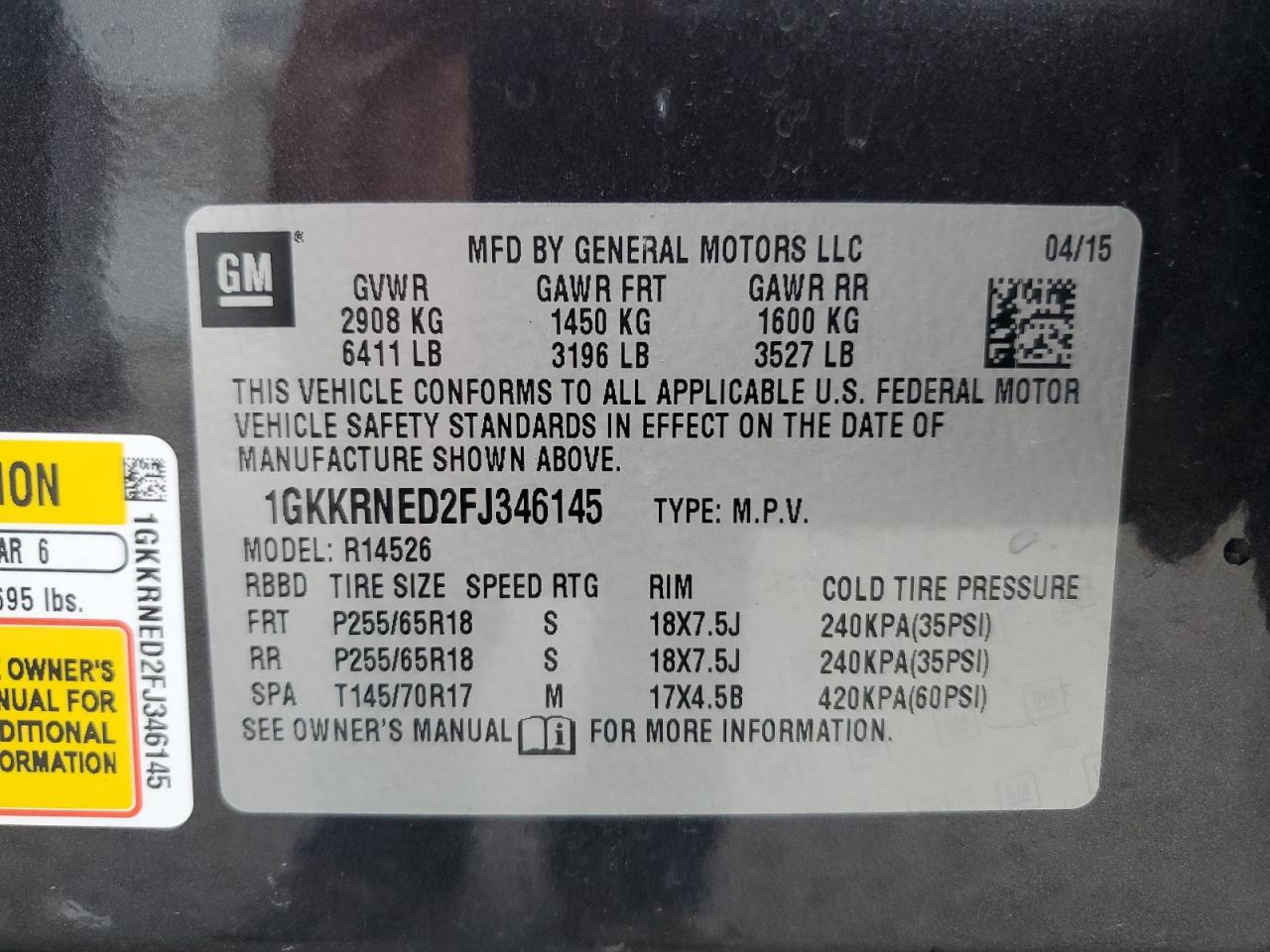 2015 GMC Acadia Sle VIN: 1GKKRNED2FJ346145 Lot: 71117535