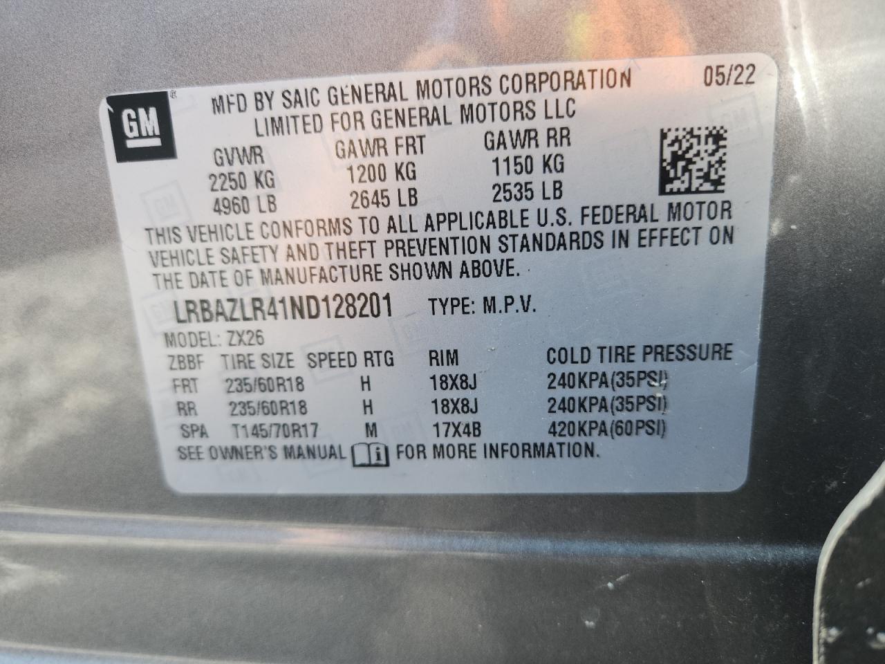 2022 Buick Envision Preferred VIN: LRBAZLR41ND128201 Lot: 80201475