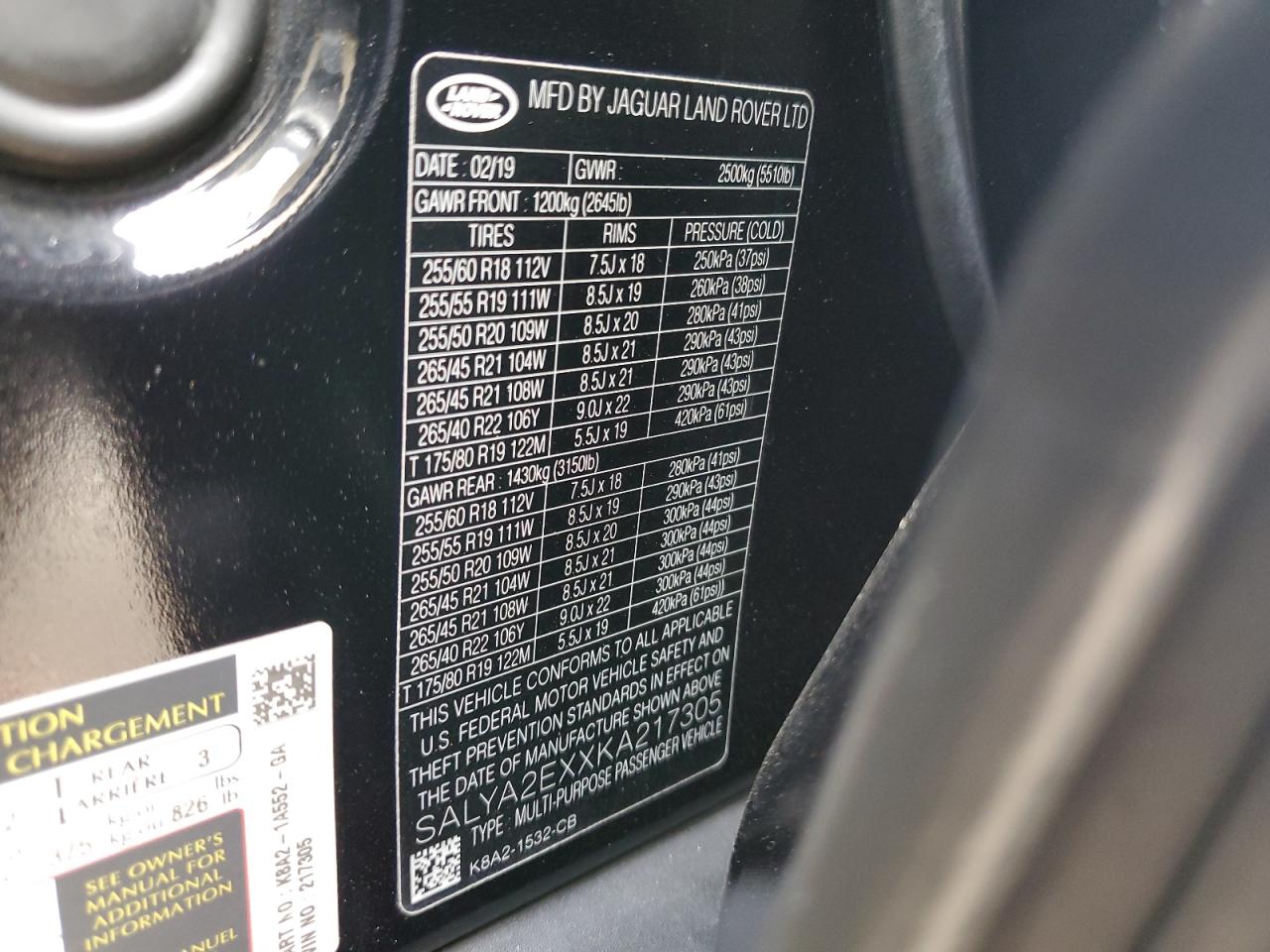 2019 Land Rover Range Rover Velar VIN: SALYA2EXXKA217305 Lot: 80733845