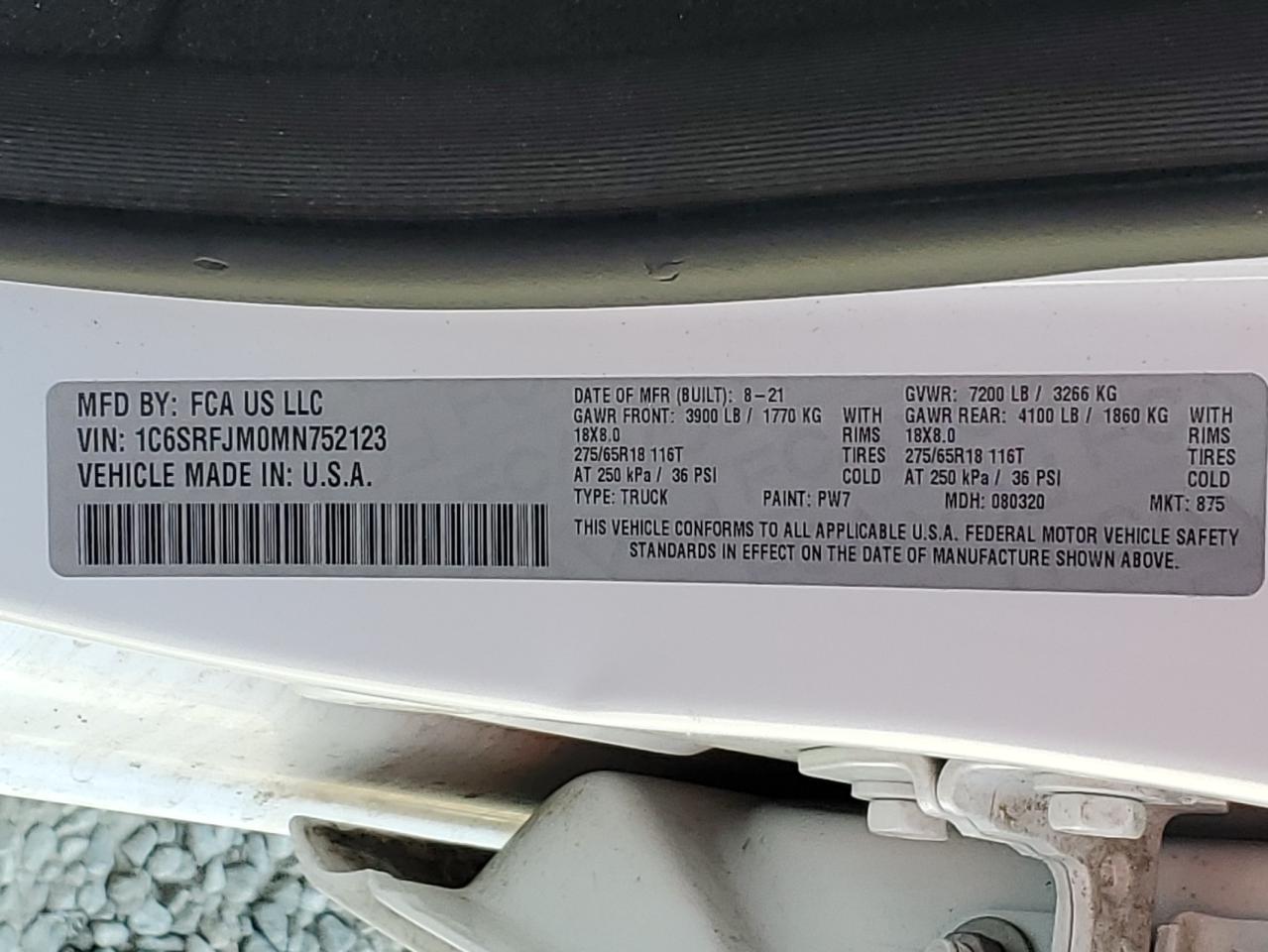 2021 Ram 1500 Laramie VIN: 1C6SRFJM0MN752123 Lot: 80137645