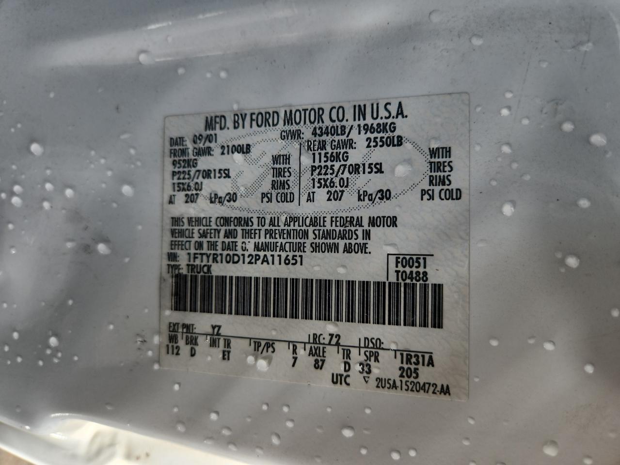 2002 Ford Ranger VIN: 1FTYR10D12PA11651 Lot: 70570225