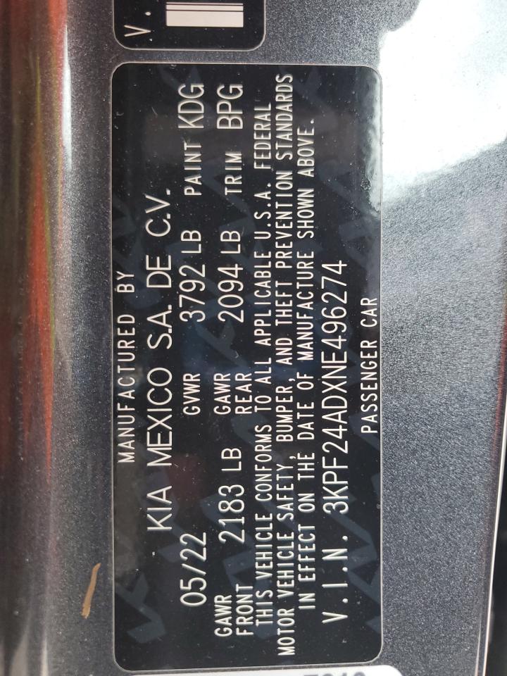 2022 Kia Forte Fe VIN: 3KPF24ADXNE496274 Lot: 81047905