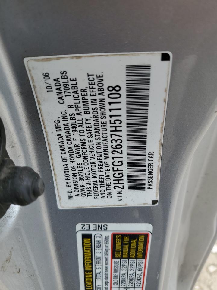 2007 Honda Civic Lx VIN: 2HGFG12637H511108 Lot: 81379575