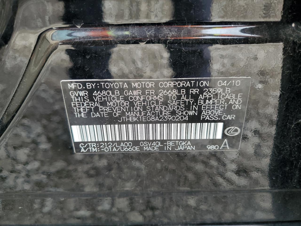 2010 Lexus Es 350 VIN: JTHBK1EG8A2390204 Lot: 84045095