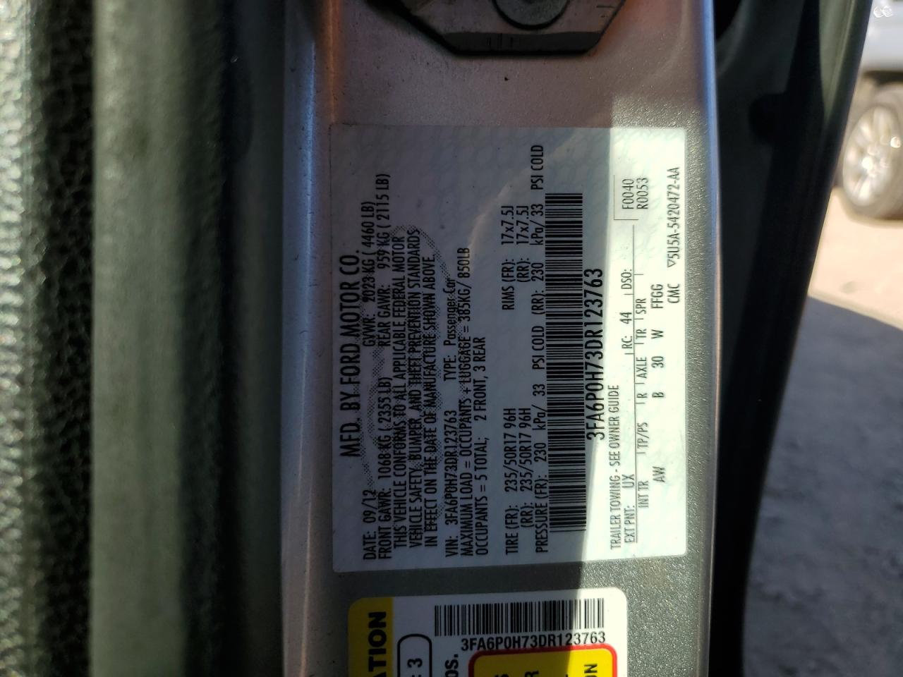 2013 Ford Fusion Se VIN: 3FA6P0H73DR123763 Lot: 84233425