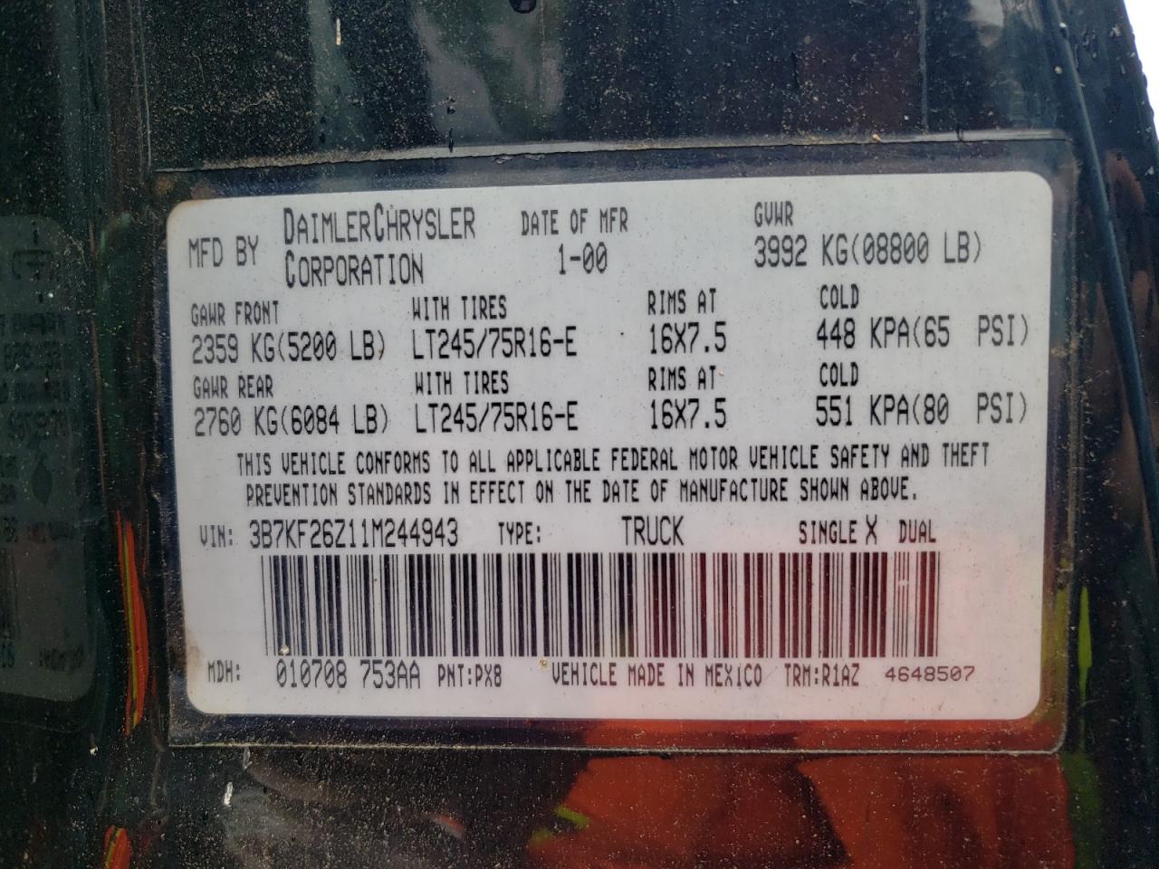 2000 Dodge Ram 2500 VIN: 3B7KF26Z11M244943 Lot: 81783175