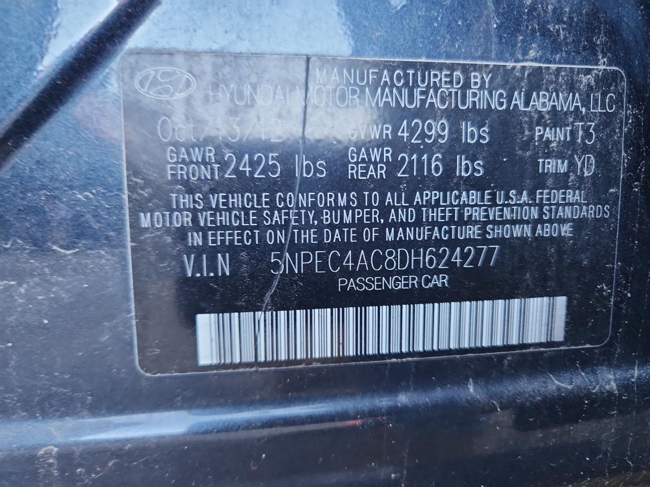 2013 Hyundai Sonata Se VIN: 5NPEC4AC8DH624277 Lot: 70934965