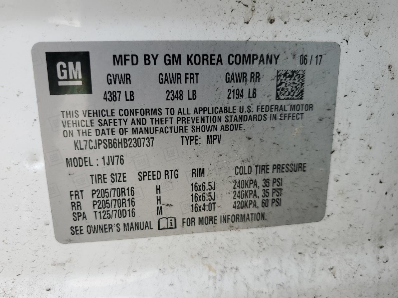 2017 Chevrolet Trax 1Lt VIN: KL7CJPSB6HB230737 Lot: 81597355