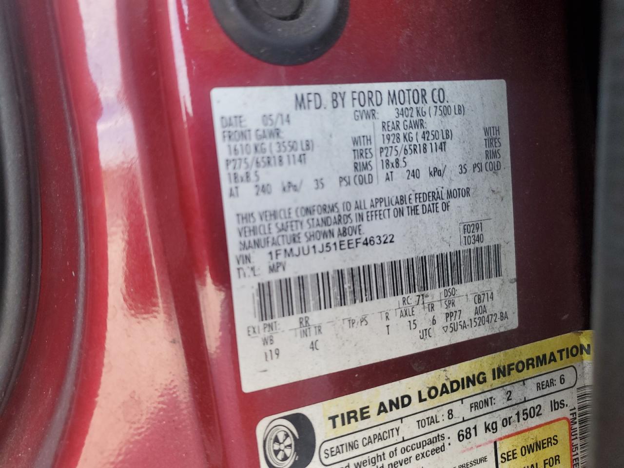 2014 Ford Expedition Xlt VIN: 1FMJU1J51EEF46322 Lot: 81748675