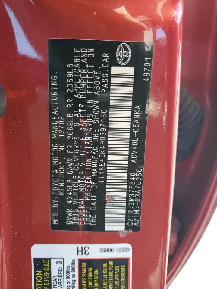2009 Toyota Camry Base VIN: 4T1BE46K49U397160 Lot: 80388895