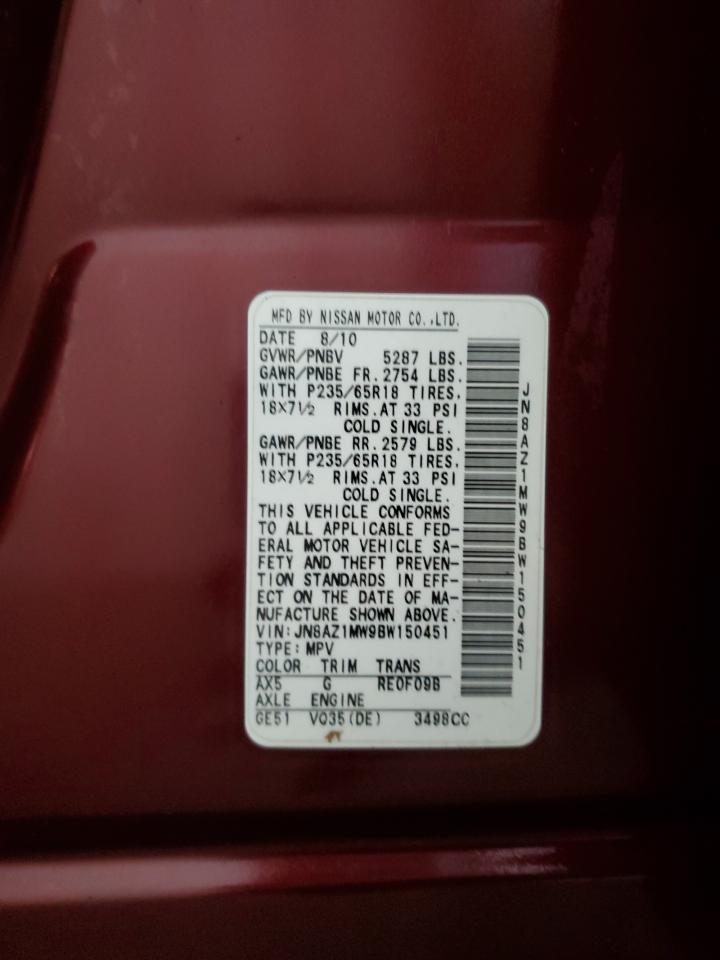 2011 Nissan Murano S VIN: JN8AZ1MW9BW150451 Lot: 71994785