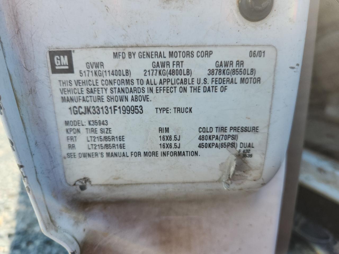 2001 Chevrolet Silverado K3500 VIN: 1GCJK33131F199953 Lot: 80201235