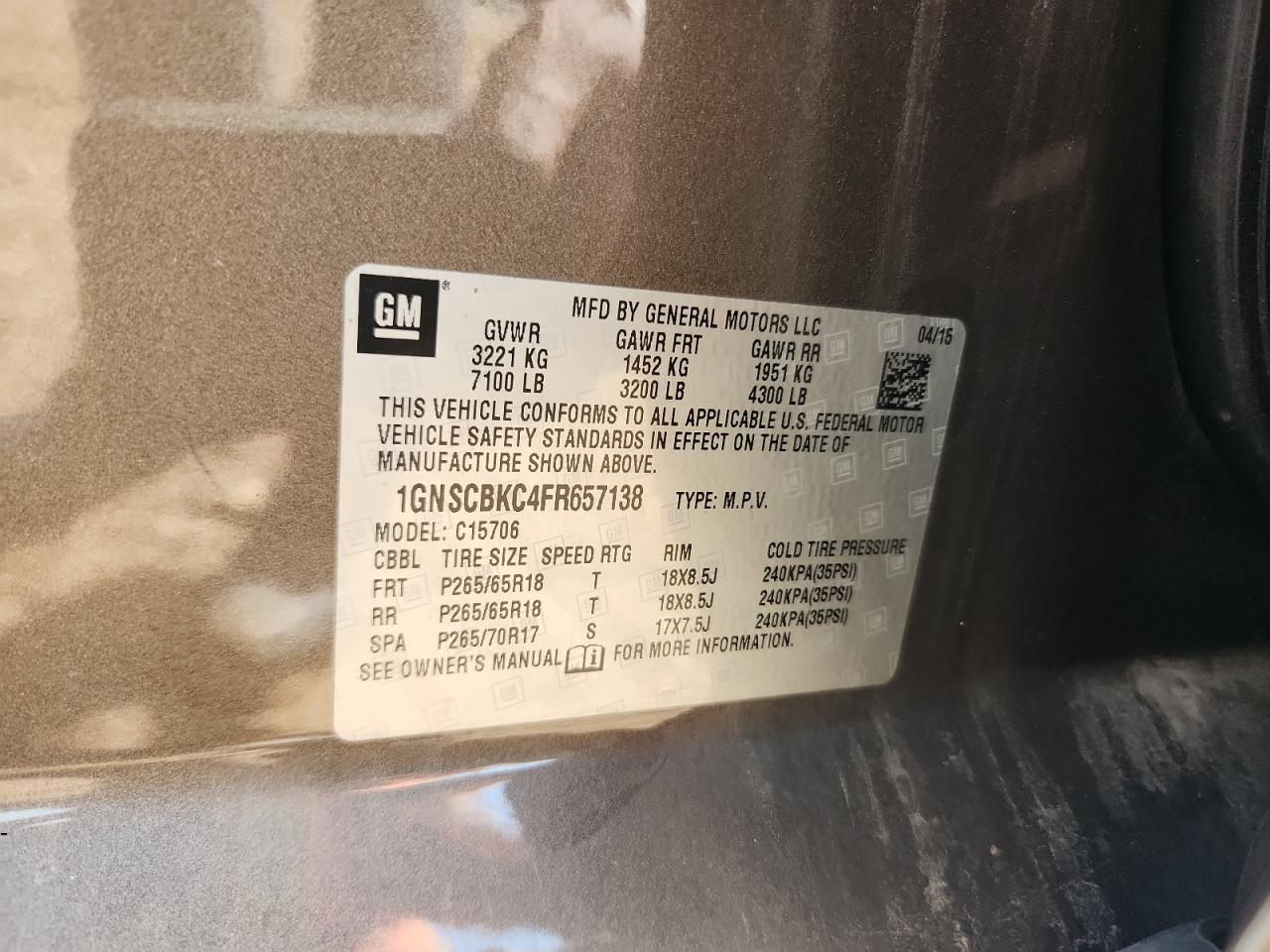 2015 Chevrolet Tahoe C1500 Lt VIN: 1GNSCBKC4FR657138 Lot: 81708335