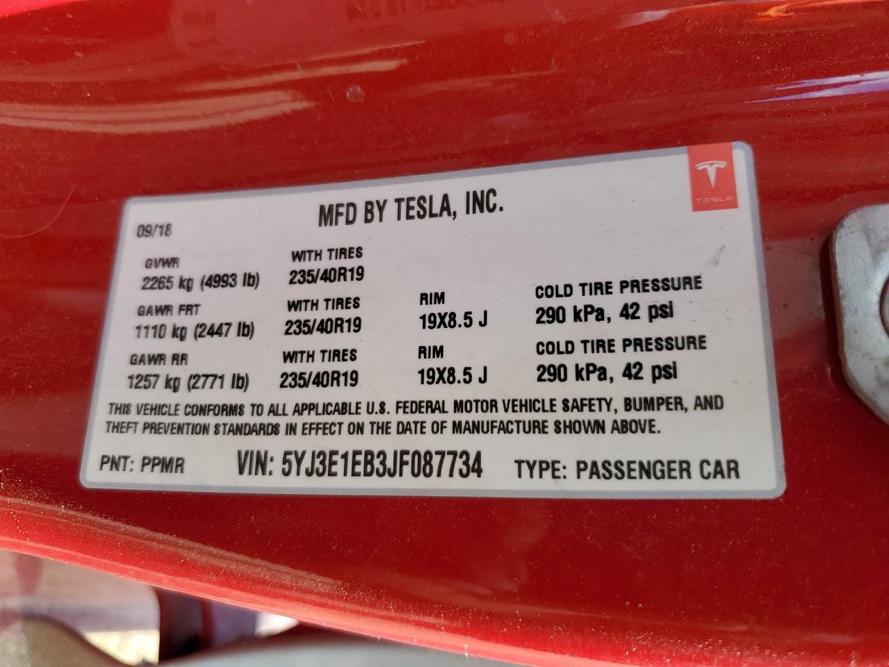 2018 Tesla Model 3 VIN: 5YJ3E1EB3JF087734 Lot: 71867665
