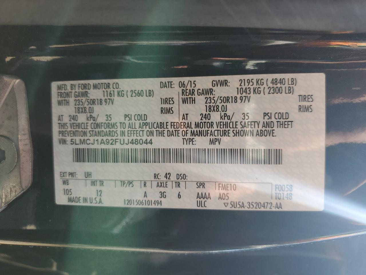 2015 Lincoln Mkc VIN: 5LMCJ1A92FUJ48044 Lot: 70207245