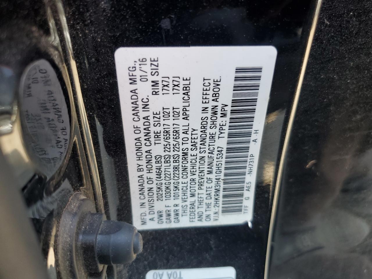 2016 Honda Cr-V Se VIN: 2HKRM3H41GH515347 Lot: 81127395