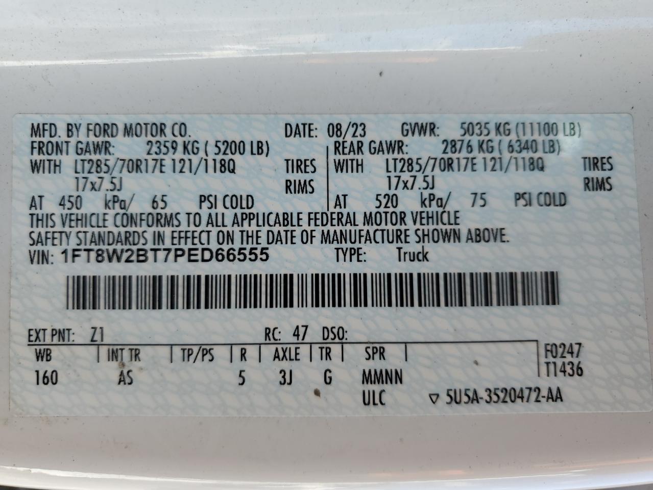 2023 Ford F250 Super Duty VIN: 1FT8W2BT7PED66555 Lot: 72027005