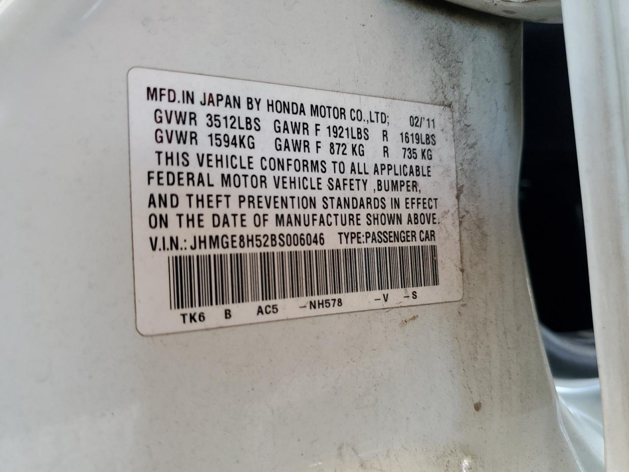 2011 Honda Fit Sport VIN: JHMGE8H52BS006046 Lot: 71738995