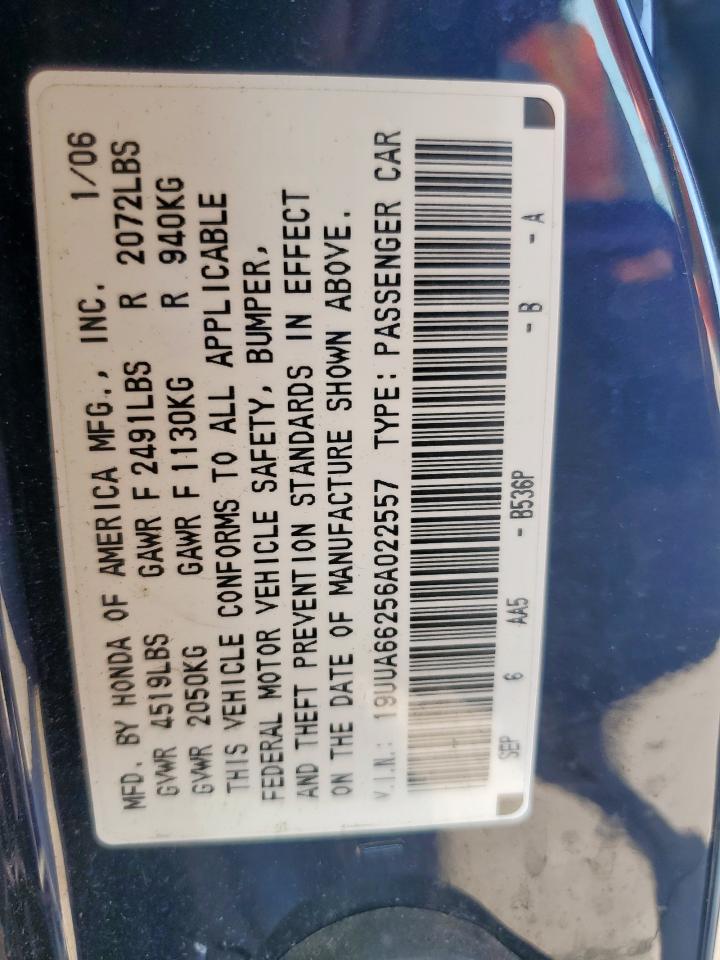 2006 Acura 3.2Tl VIN: 19UUA66256A022557 Lot: 70234015