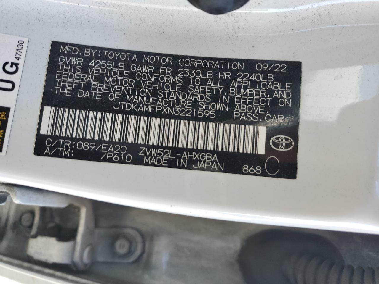 2022 Toyota Prius Prime Le VIN: JTDKAMFPXN3221595 Lot: 71922825