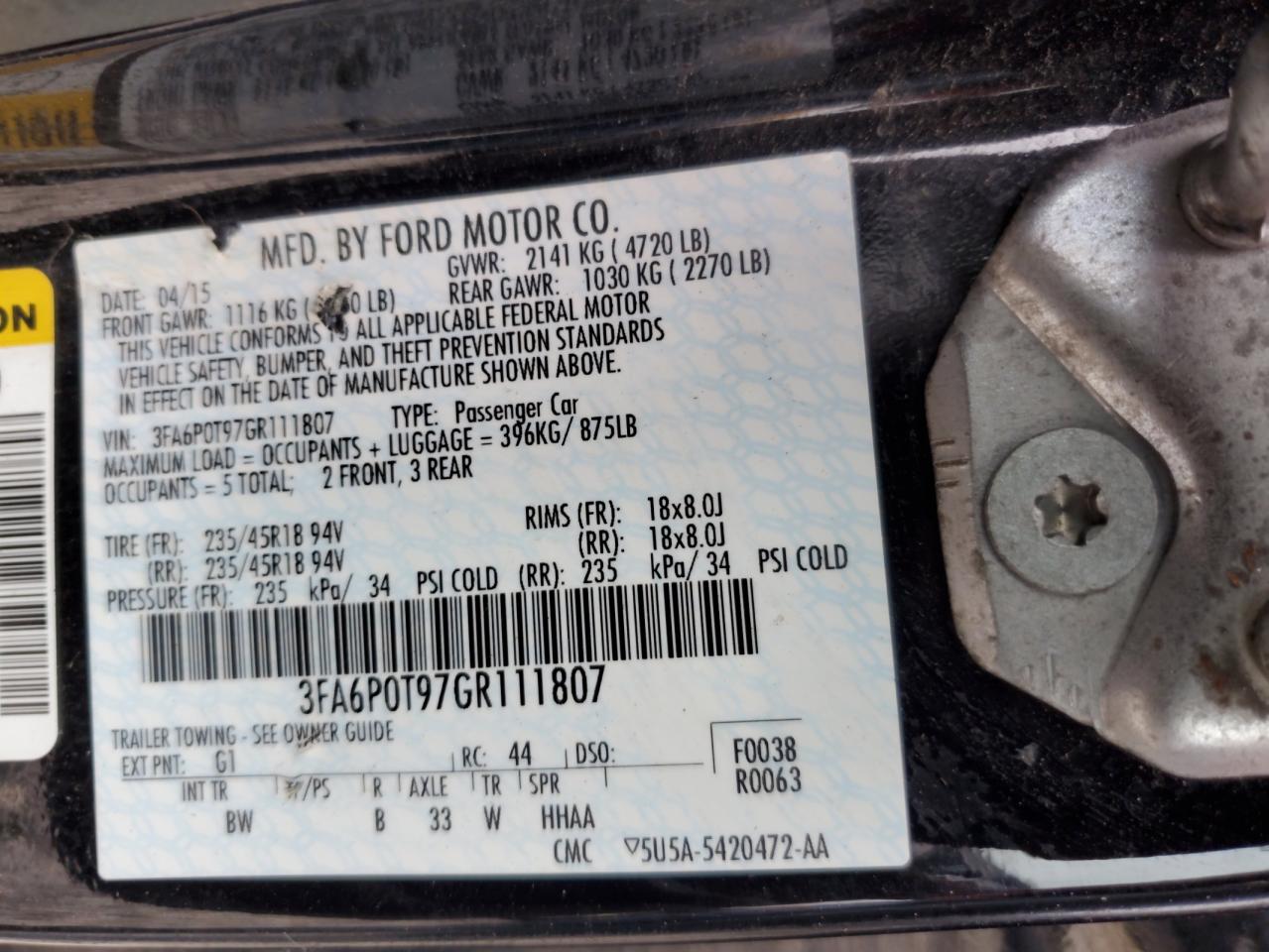 2016 Ford Fusion Se VIN: 3FA6P0T97GR111807 Lot: 83865365