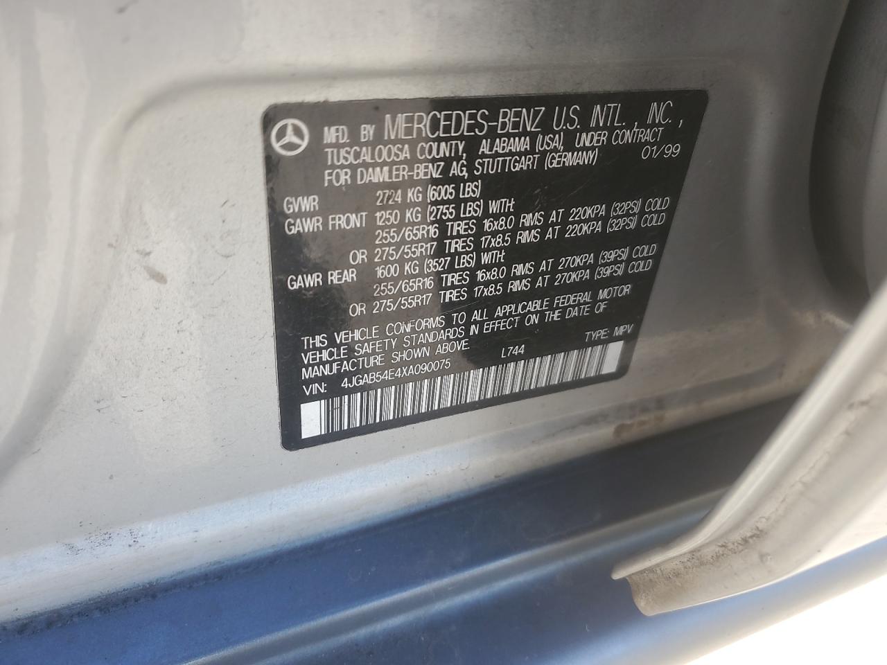 1999 Mercedes-Benz Ml 320 VIN: 4JGAB54E4XA090075 Lot: 84210105