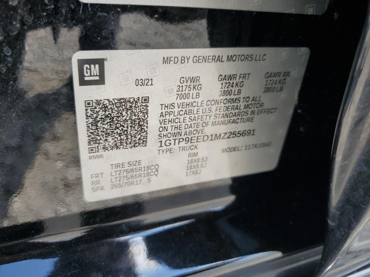 2021 GMC Sierra K1500 At4 VIN: 1GTP9EED1MZ255691 Lot: 71361655