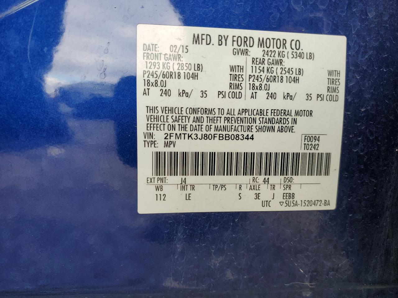 2015 Ford Edge Sel VIN: 2FMTK3J80FBB08344 Lot: 83828945